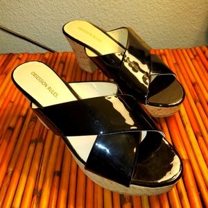 Black Davina Patent Leather Cork Platform Sandal Size 8   c